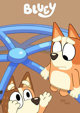 Bluey and Bingo on a Steering Wheel