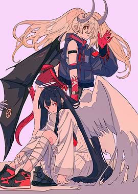 Two girls with wings and horns