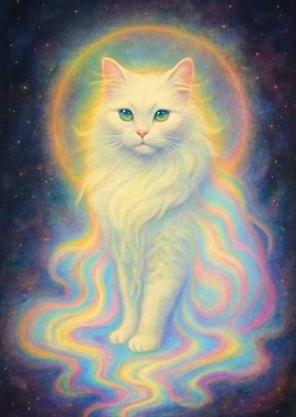 Cosmic White Cat with Rainbow Aura