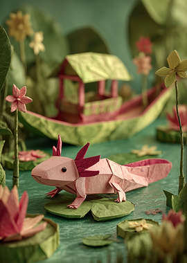 Origami Axolotl in a Pond
