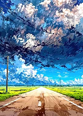 Anime Road Through Green Fields