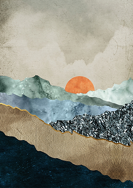 Abstract Mountain Landscape with Sun