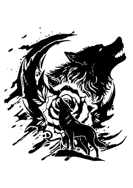 Wolf Howling at Moon with Roses