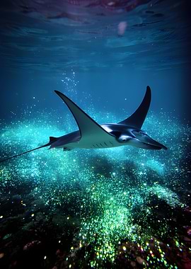 Manta Ray Swimming in Bioluminescent Water