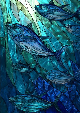 Tuna swimming in stained glass ocean