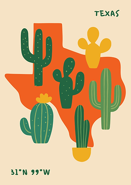 Texas Map with Cacti Illustration
