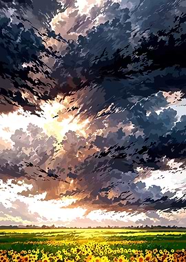 Dramatic Sunset Over Sunflower Field