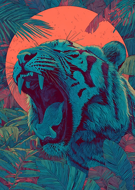 Roaring Tiger in Tropical Jungle