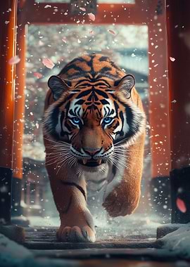 Tiger Walking Through Torii Gates