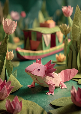 Origami Axolotl in a Pond