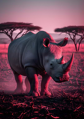 Rhinoceros in Pink Savannah Sunset