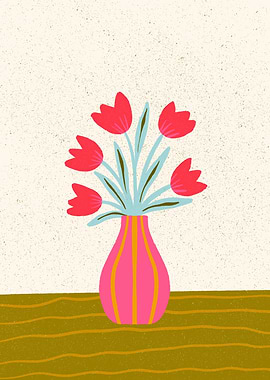 Pink Vase with Red Tulips