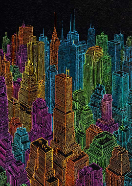 Vibrant Neon City Scratchboard Art