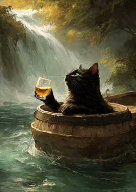 Cat in a barrel with a drink