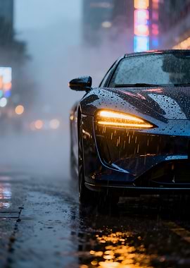 Sports car in the rain at cityscape night