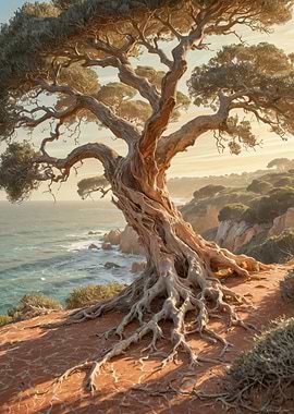 Windswept Coastal Tree on Cliff at Golden Hour — Seaside Landscape Print