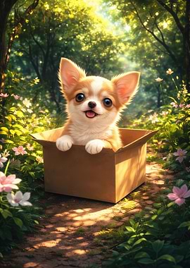 Cute Chihuahua Puppy in a Cardboard Box