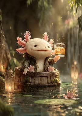 Axolotl in a barrel with a drink
