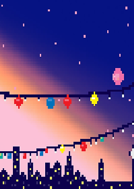 Pixel Art Cityscape with String Lights