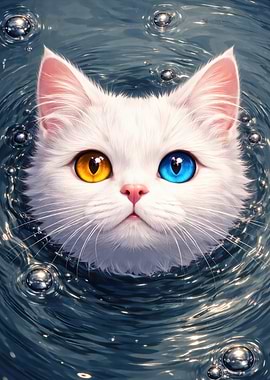 White Cat with Heterochromia in Water