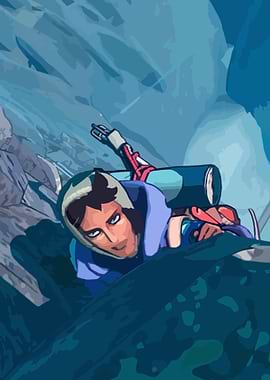 Climber ascending a steep icy slope