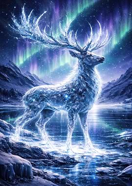 Ice Reindeer Under Aurora Borealis