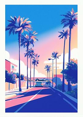 Palm Tree Lined Road at Sunset