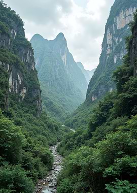 Misty Mountain Valley with River