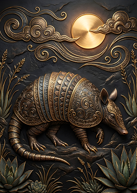 Ornate Armadillo with Golden Sun and Clouds