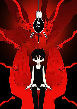 Omori character with red hands and lightbulb