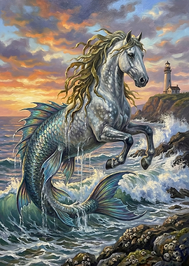 Mythical Sea Horse and Lighthouse