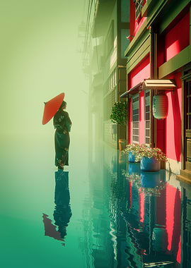 Serene Japanese Alley Reflection - Cinematic Kimono Wall Art Print