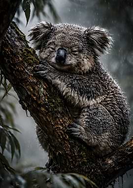 Koala sleeping in the rain