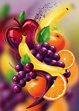 Vibrant Fruit Still Life with Abstract Elements