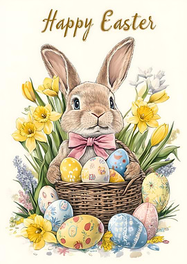 Happy Easter Bunny with Eggs and Flowers