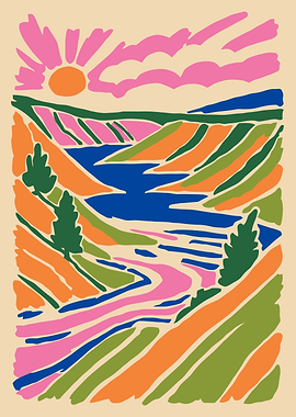 Vibrant Abstract Landscape with River and Sun