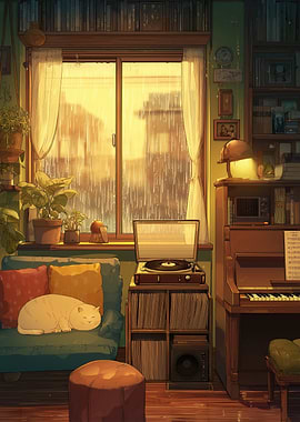 Cozy Rainy Day with Cat and Music