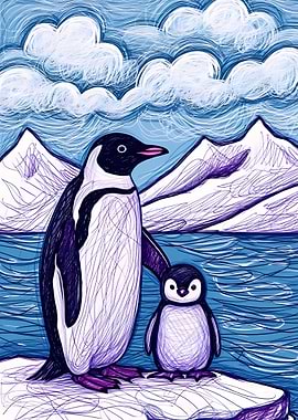 Penguin Family in Snowy Landscape