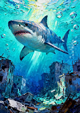 Shark swimming over sunken city