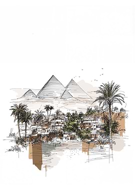 Egyptian Pyramids and Village Sketch