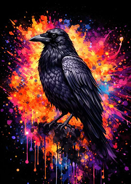 Raven on Colorful Splatter Background