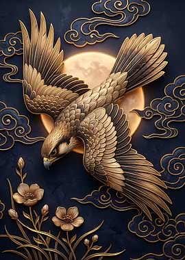 Golden Falcon with Moon and Clouds