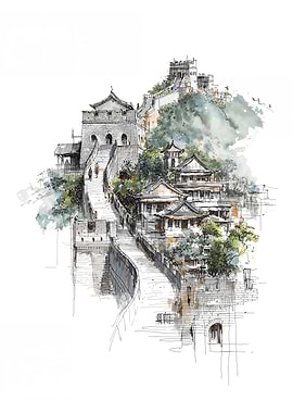 Great Wall of China Watercolor Sketch