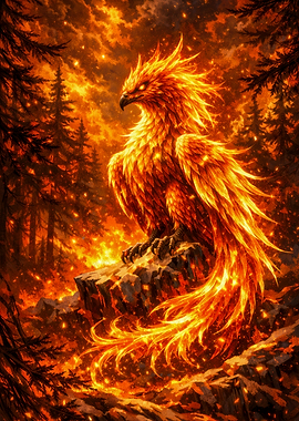 Fiery Phoenix in a Burning Forest