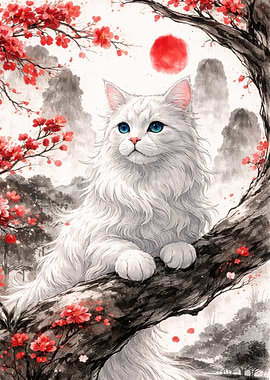 White Cat with Blue Eyes in Cherry Blossoms