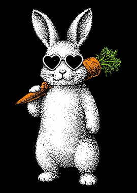 Cute Bunny Poster with Heart Sunglasses, Funny Rabbit Wall Art, Carrot Lover Print