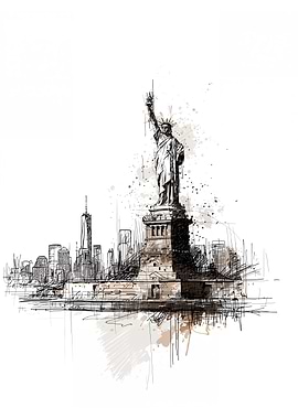 Statue of Liberty and New York Skyline Sketch