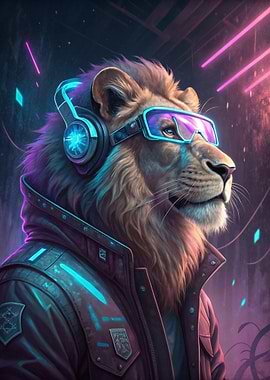 Cyberpunk Lion with Headphones and Goggles