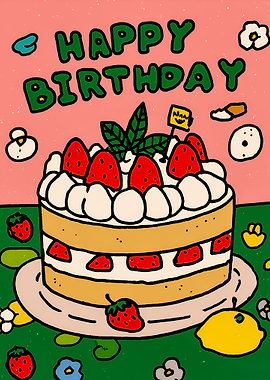 Happy Birthday Strawberry Cake Illustration