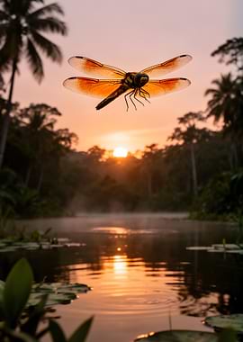 Dragonfly at Sunrise Over Misty Lake